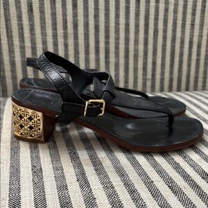 Tory Burch Black and Gold Sandals with Thong Strap- Size 8